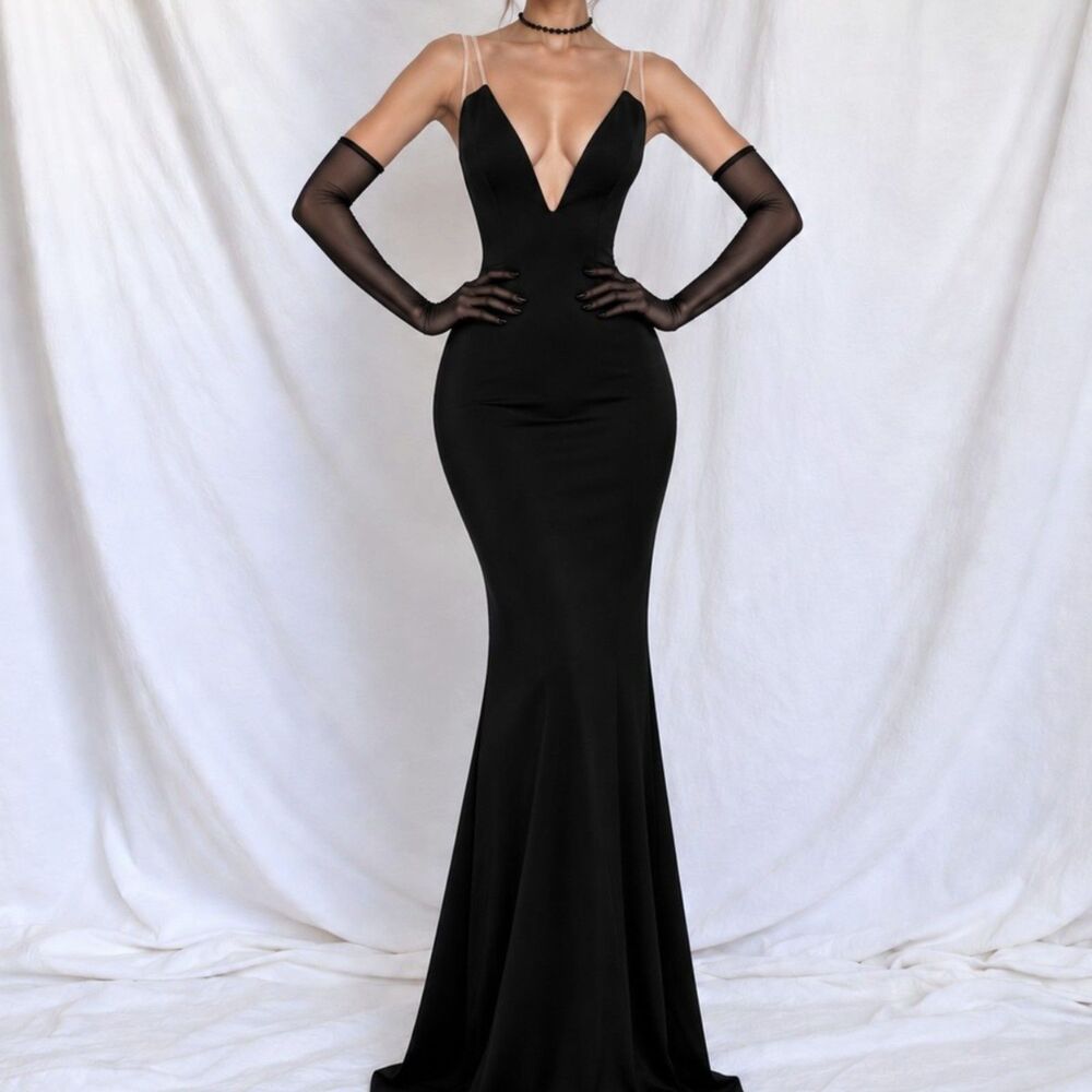 Black Bodycon Sleeveless V-Neck Flared Formal Cocktail Prom Dress Size M